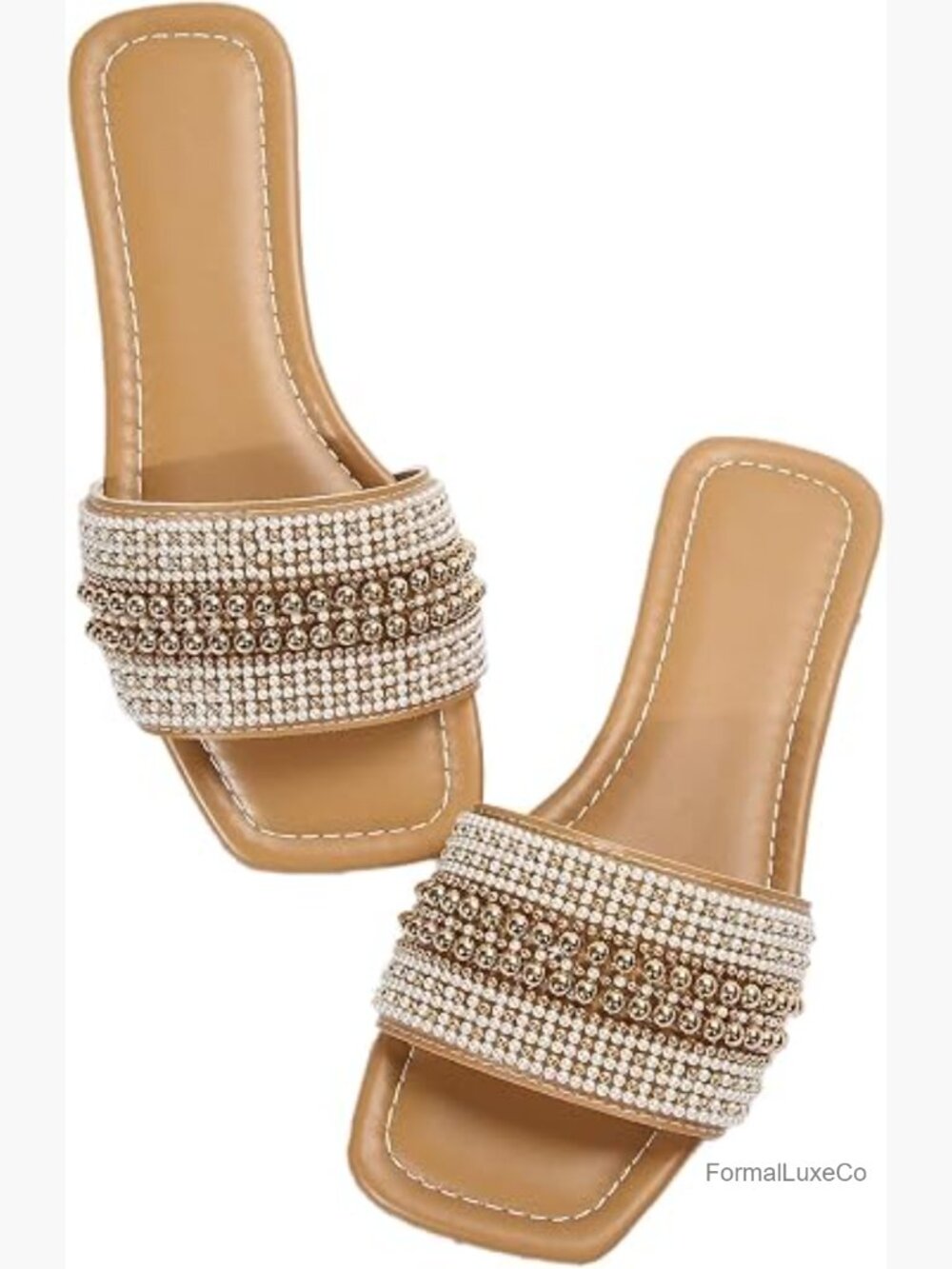 Elegant Slip On Dressy Flats Square Open Toe Pearl Sandals